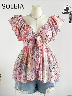 SHEIN Pink Floral Tie-Front Ruffle Sleeve Blouse